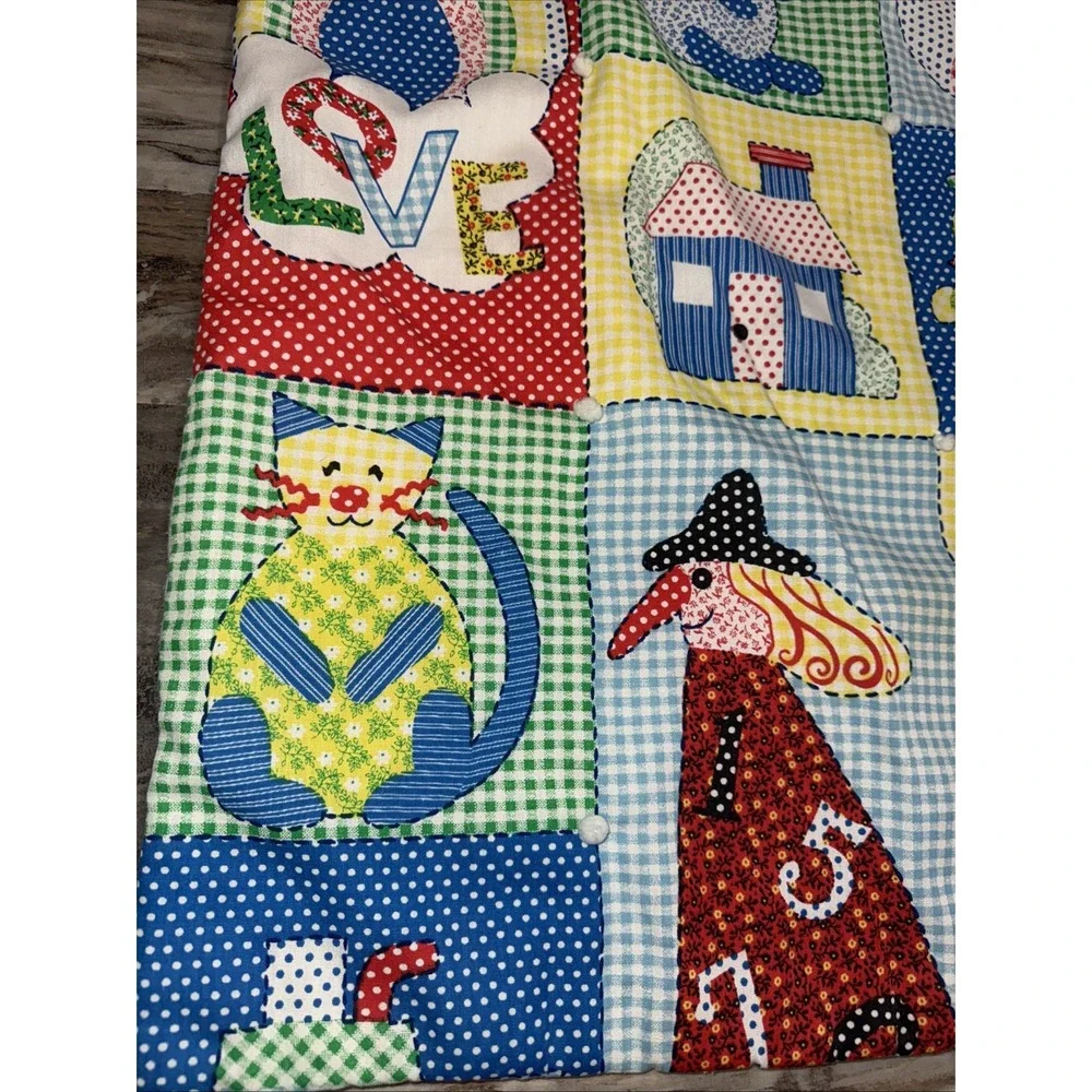 Vintage 70's Baby Child Quilt Blanket Primary Colors Train Kitten Ducks Turtle
